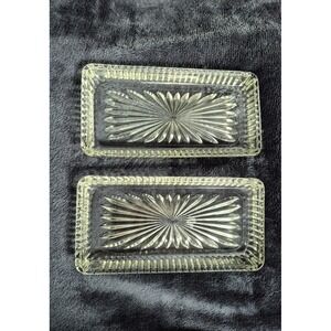 Vintage Clear Pressed Glass Butter Dish Tray Set of 2‎ Starburst Vanity Dish